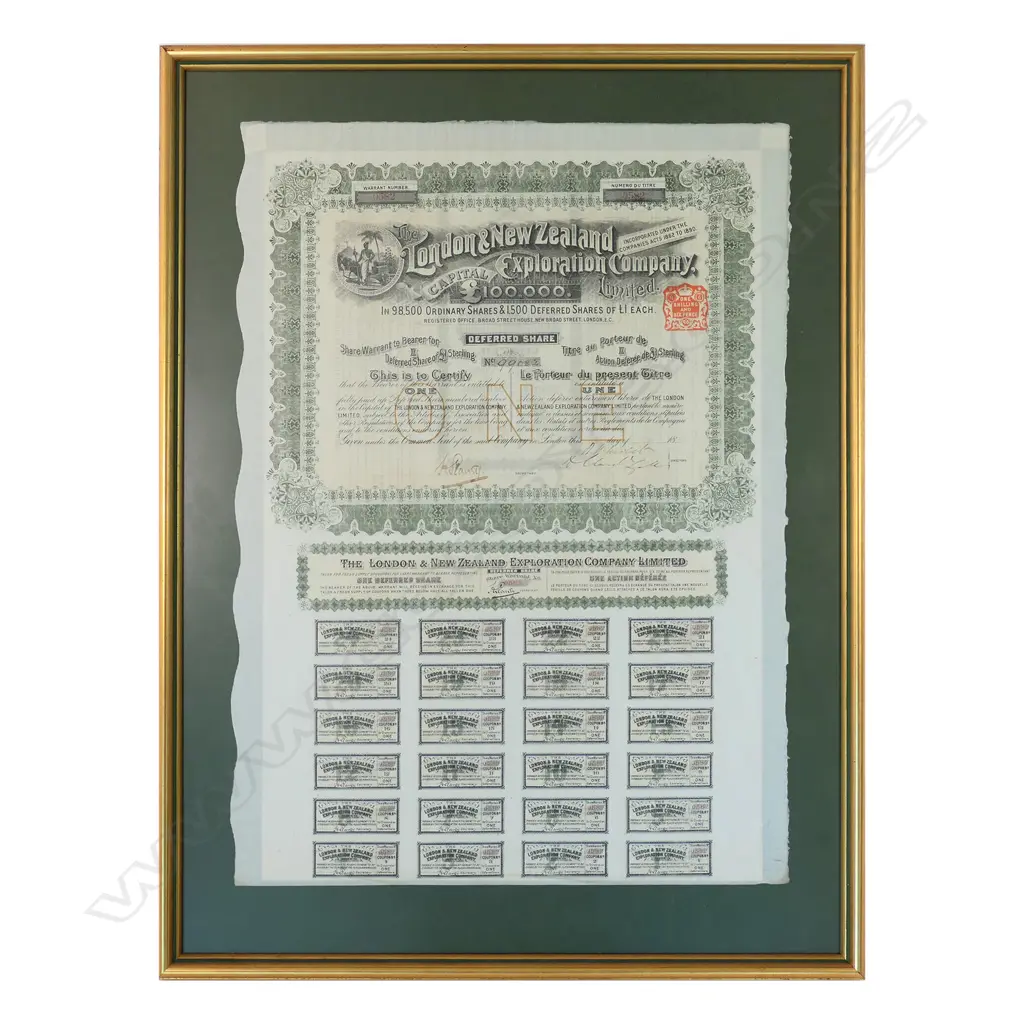 FRAMED LONDON &NZ EXPLORATION CO SHARE CERTIFICATE 700 BY500MM Image 1++