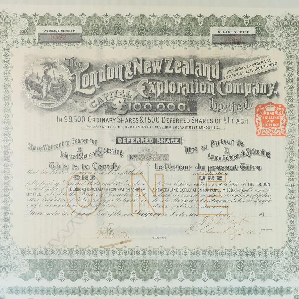 FRAMED LONDON &NZ EXPLORATION CO SHARE CERTIFICATE 700 BY500MM Image 1++