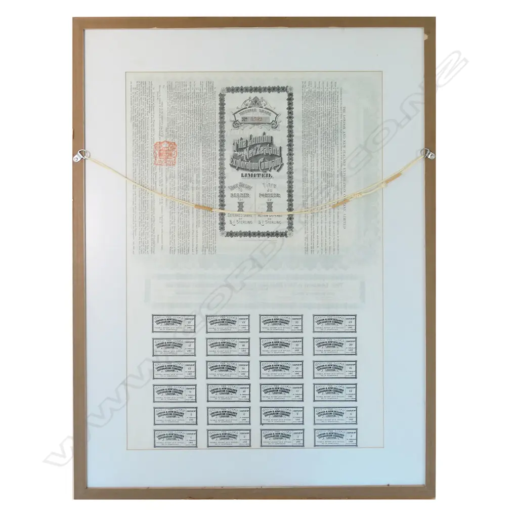 FRAMED LONDON &NZ EXPLORATION CO SHARE CERTIFICATE 700 BY500MM Image 1++