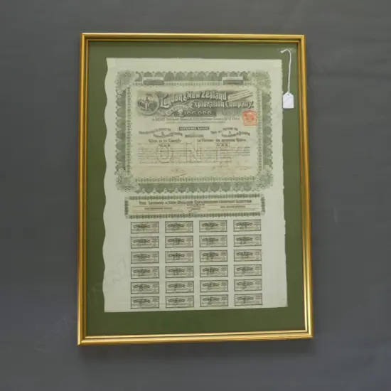 FRAMED LONDON &NZ EXPLORATION CO SHARE CERTIFICATE 700 BY500MM