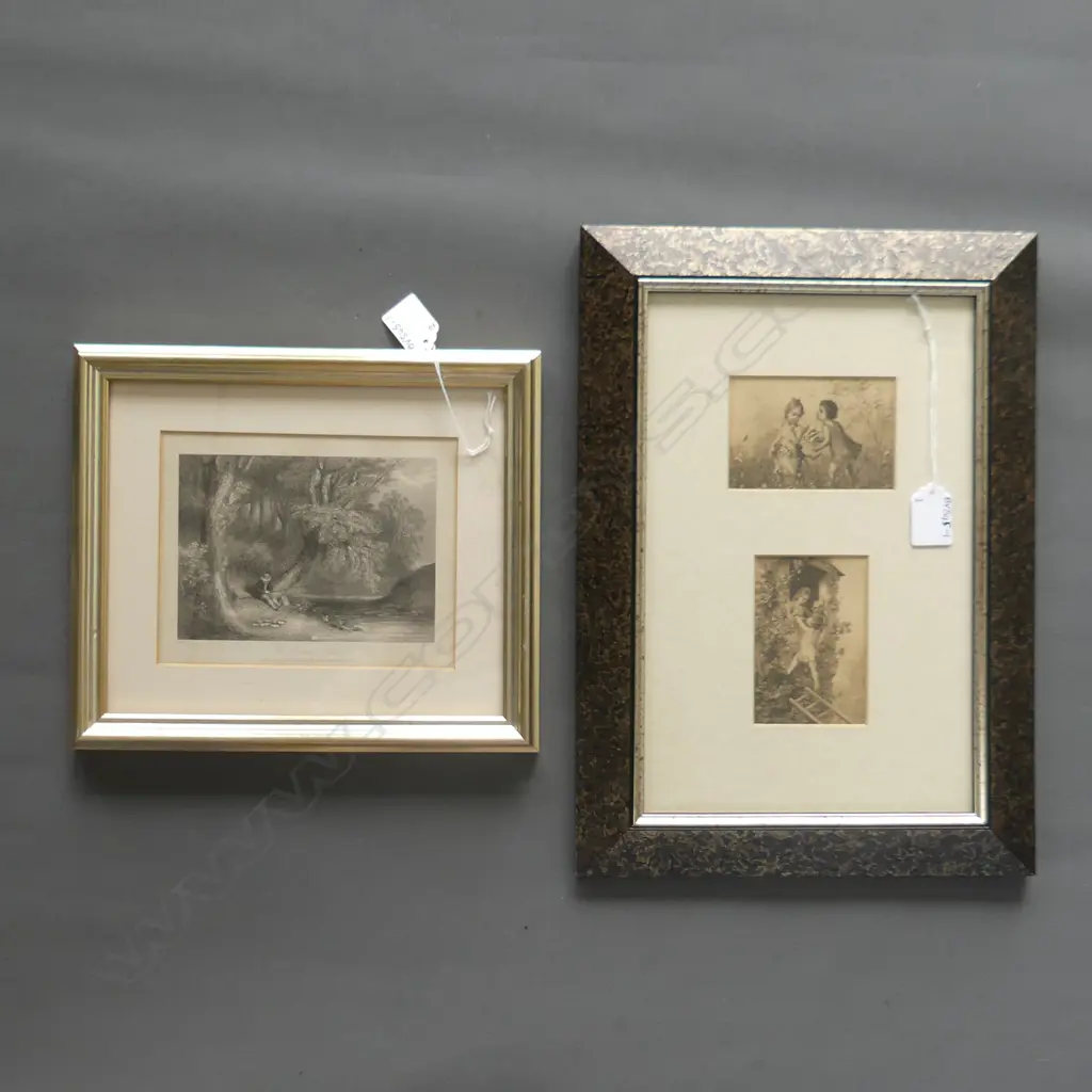 2 VINTAGE FRAMED PRINTS 'THE YOUNG LOVERS' C1890, ARTIST UNKNOWN 100 X 65MM + 'THE SHADY SIDES'  150 X 110MM Image 1++