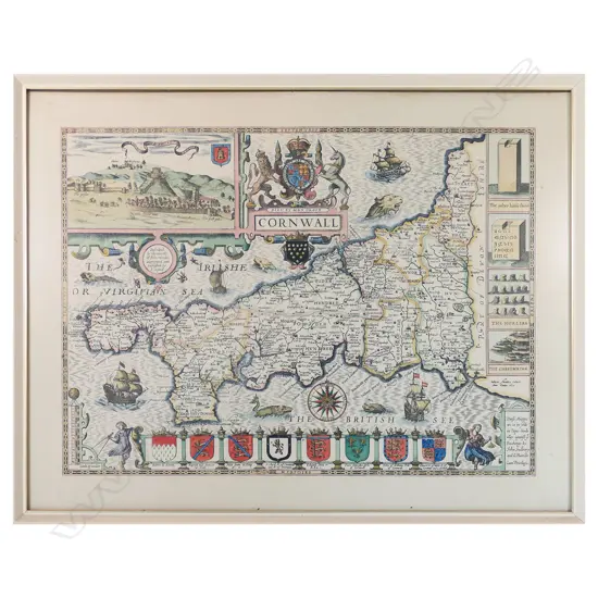 FRAMED MAP OF CORNWALL DATED 1630 600BY490
