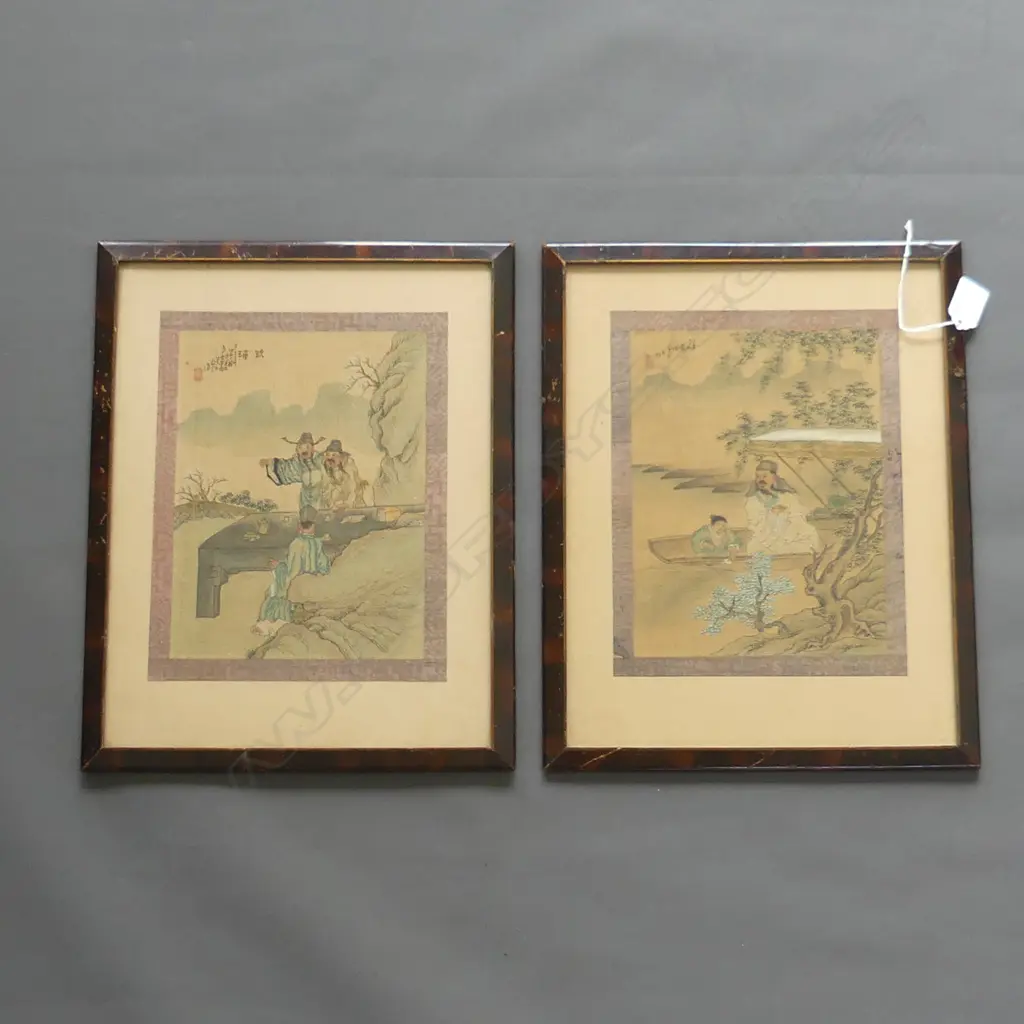 2 JAPANESE FINE W/C's on silk figures in landscapes 230 X 190mm framed Image 1++
