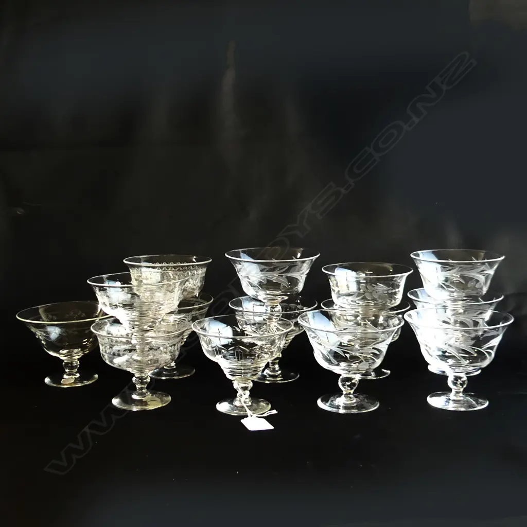 14 ETCHED CRYSTAL STEMMED DESSERT BOWLS - ASST DESIGNS Image 1++