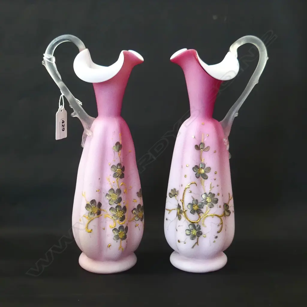 PR PINK FROSTED & MILK GLASS EWER VASES WITH APPLIED HANDLES H. 255MM Image 1++