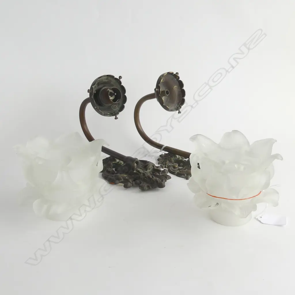 PR ORNATE BRASS SCONCES / WALL LIGHTS w. FROSTED GLASS SHADES H.200mm Image 1++