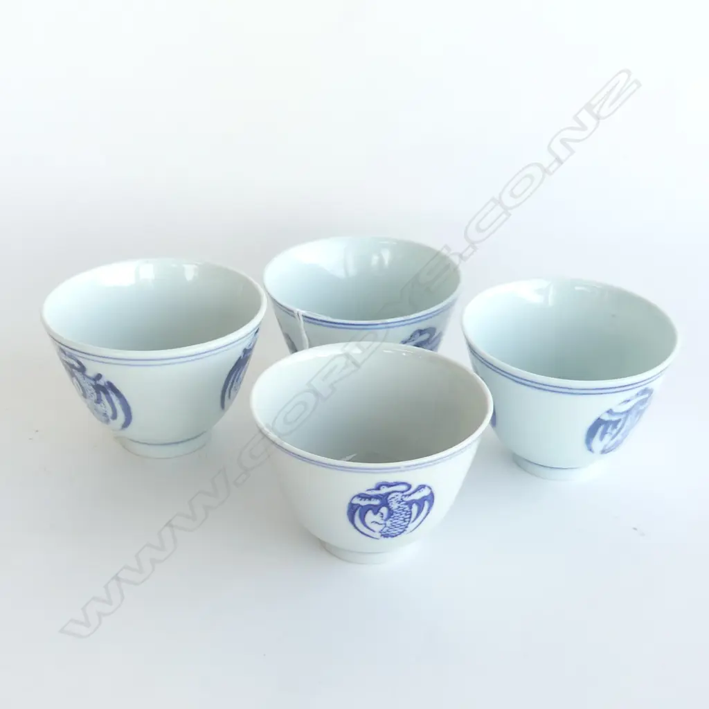 4 CHINESE PORCELAIN B&W BIRD DECORATED TEA BOWLS Image 1++