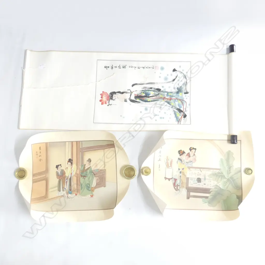 3 ORIENTAL ARTWORKS; 2 INTERIOR SCENES + PARTLY NUDE WOMAN SCROLL 440x300mm Image 1++