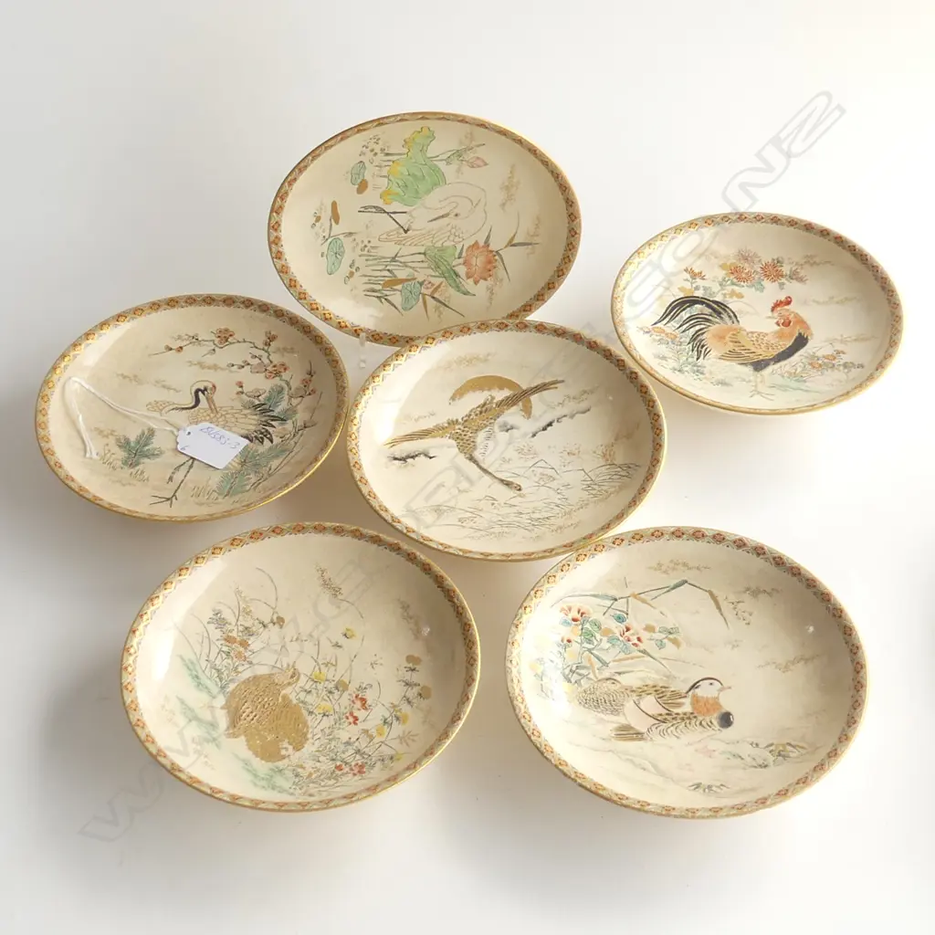 SET 6 OLD QUALITY 19thC JAPANESE FINE SATSUMA SMALL DISHES various birds Image 1++