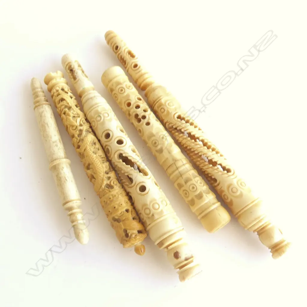 5 CARVED & PIERCED BONE ANTIQUE NEEDLE CASES Image 1++