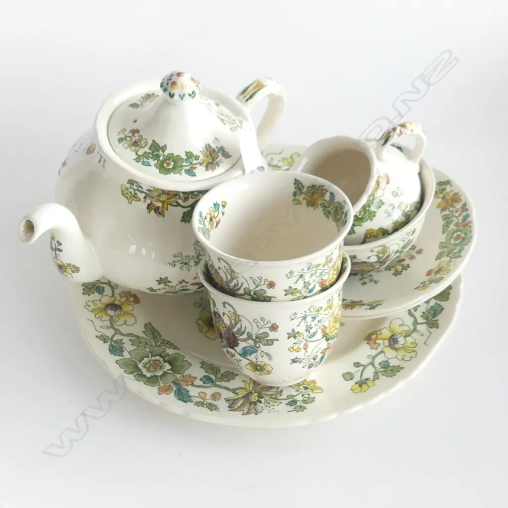 8 PCE GREEN MASONS STRATHMORE TEA FOR 2; TEAPOT, CAKE PLATE 265mm dia, 2 C/S, MILK & SUGAR Image 1++