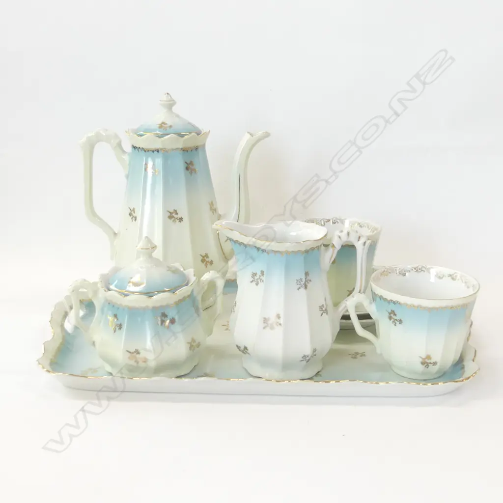 PORCELAIN COFFEE FOR 2, TRAY, 2 C&S, COFFEE POT, JUG & BOWL; POSSIBLY GERMAN Image 1++