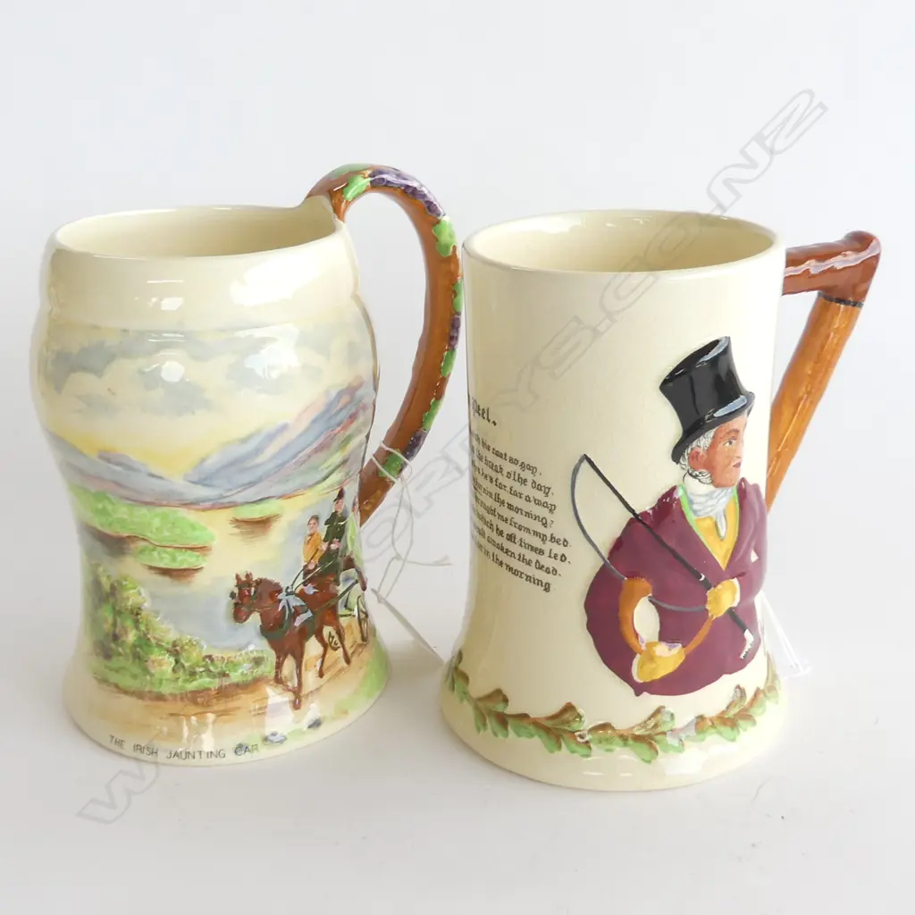 PR CROWN DEVON MUSICAL TANKARDS; 'THE IRISH JAUNTING CAR' & JOHN PEEL, H. 175 & 155MM BOTH WORKING Image 1++