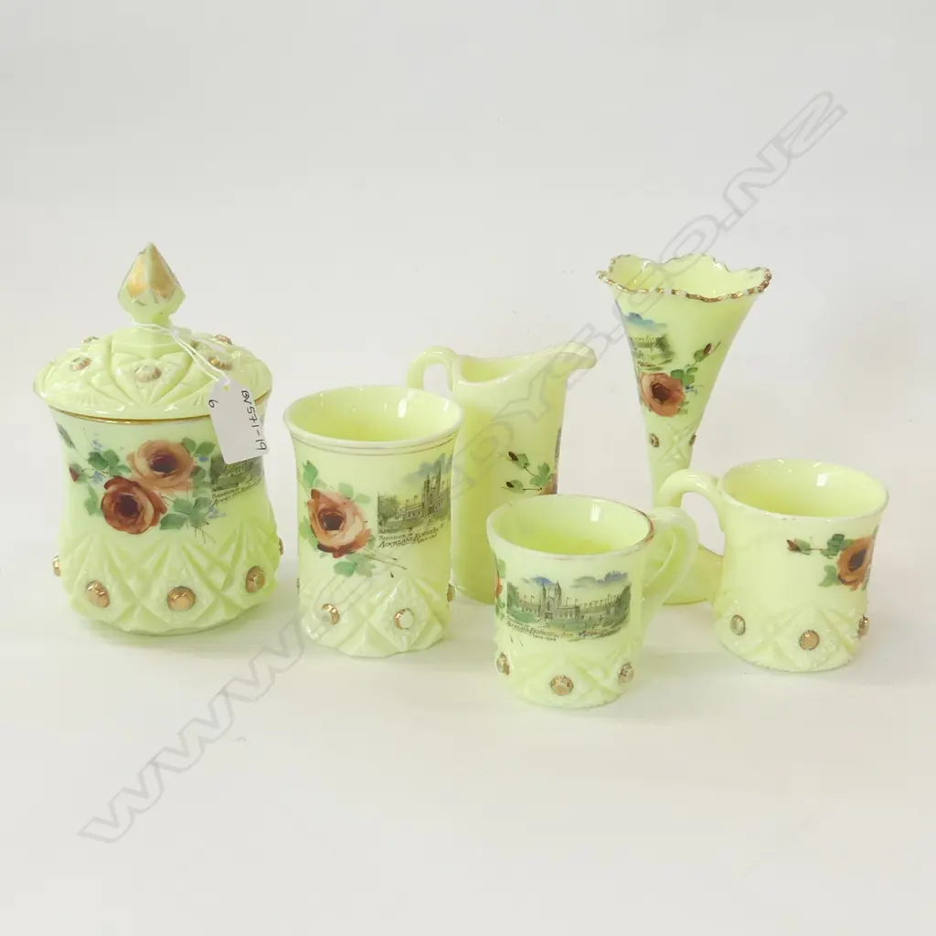 6 PCS CUSTARD GLASS AUCKLAND, NZ SOUVENIR WARE PCS; JUGS, VASE, LIDDED POT ETC.. Image 1++