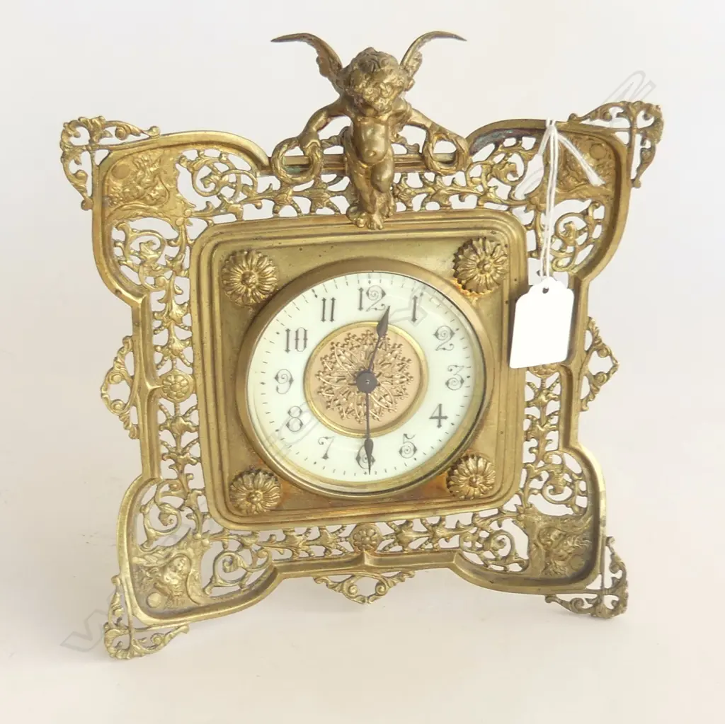 C1900 FANCY GILT BRASS CHERUB DESK CLOCK quality movement H.225mm Image 1++