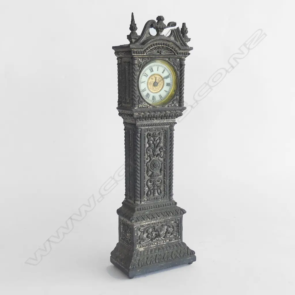 C1900 HEAVY SILVERED METAL MINI LONGCASE CLOCK SOME FAULTS H.295mm Image 1++