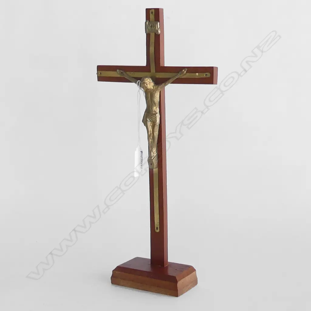 WOODEN CRUCIFIX w. GOLD METAL JESUS & TRIM H.330mm Image 1++
