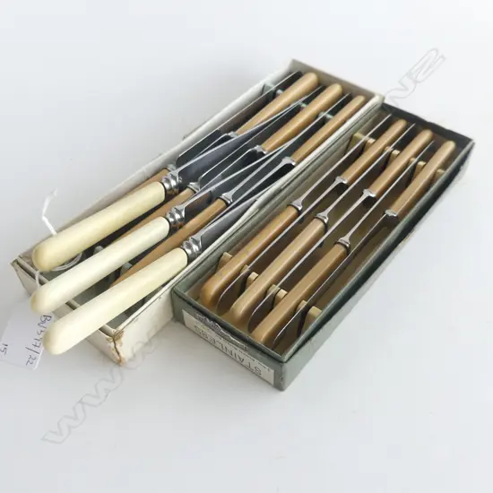 2 SETS OF 6 IVORINE 'BONE' HANDLED KNIVES + 3 EXTRA