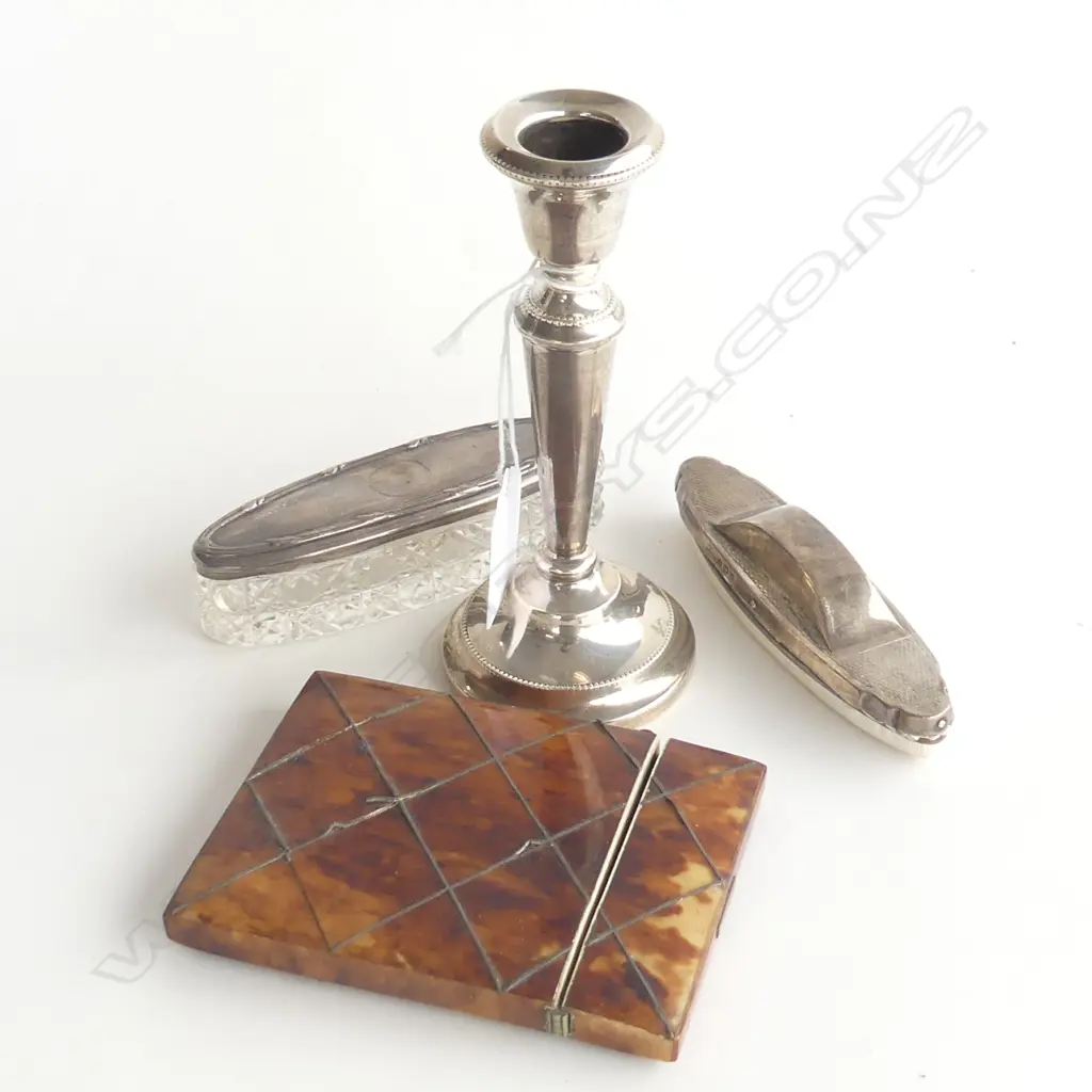 3 PCES STG SILVER; NAIL BUFF, CONTAINER & CANDLESTICK + TORTOISESHELL CASE FAULTED  Image 1++