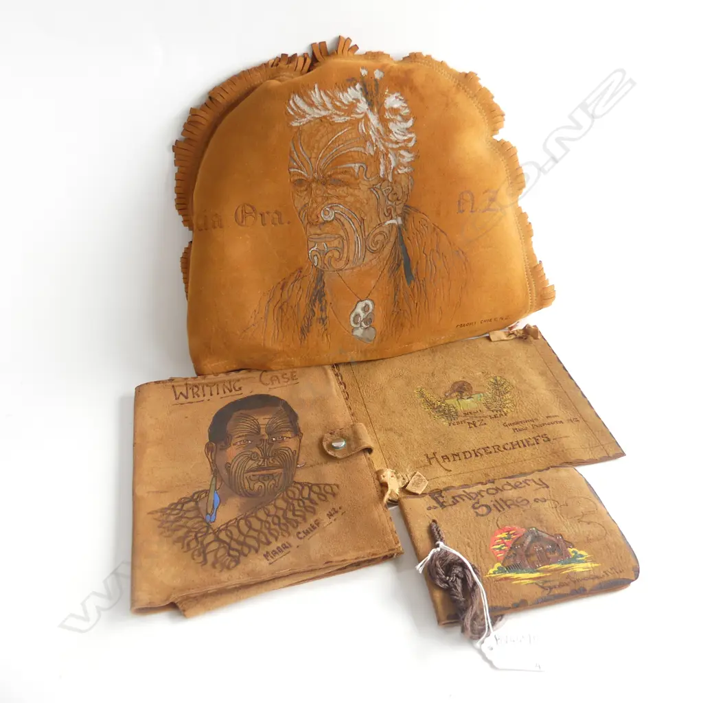 4 PCES SUEDE LEATHER w. MAORI THEMES; KIA ORA TEA COSY W.370mm, WRITING CASE, HANDKERCHIEFS HOLDER, EMBROIDERY Image 1++