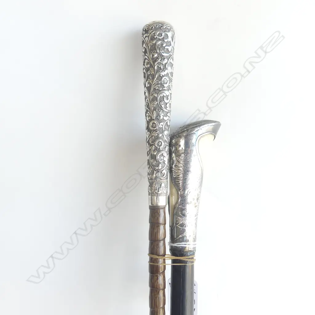 OLD CHINESE SILVER & IVORY TOPPED WALKING STICK + OTHER PARASOL STICK fancy embossed Image 1++