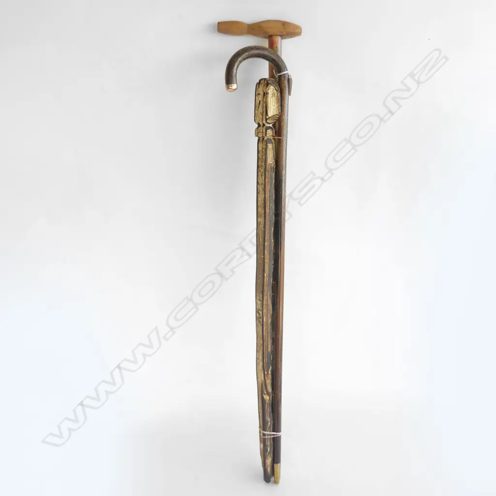 3 WALKING STICKS: 1 9CT GOLD CAP MOUNT + 2 FOLK ART Image 1++