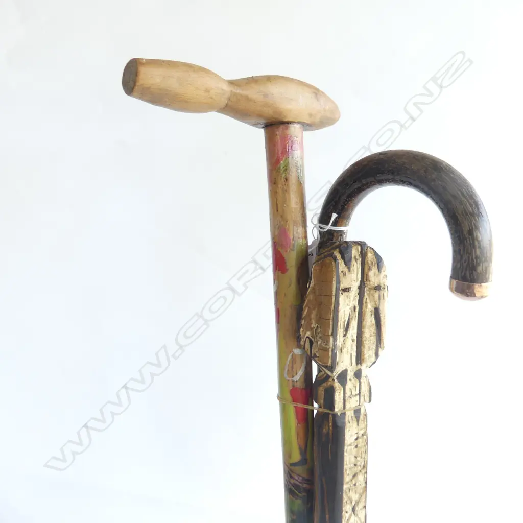 3 WALKING STICKS: 1 9CT GOLD CAP MOUNT + 2 FOLK ART Image 1++