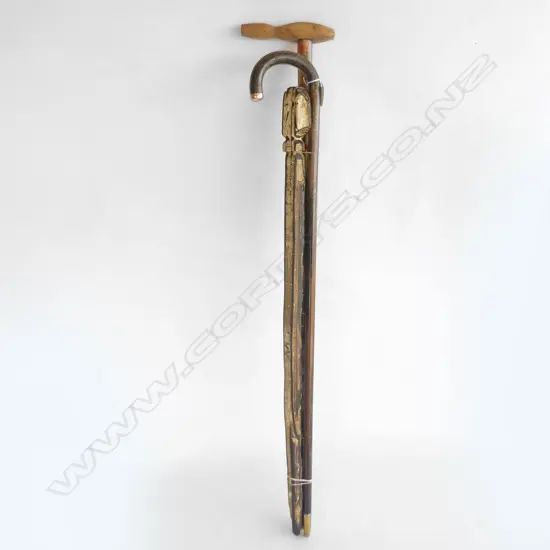 3 WALKING STICKS: 1 9CT GOLD CAP MOUNT + 2 FOLK ART