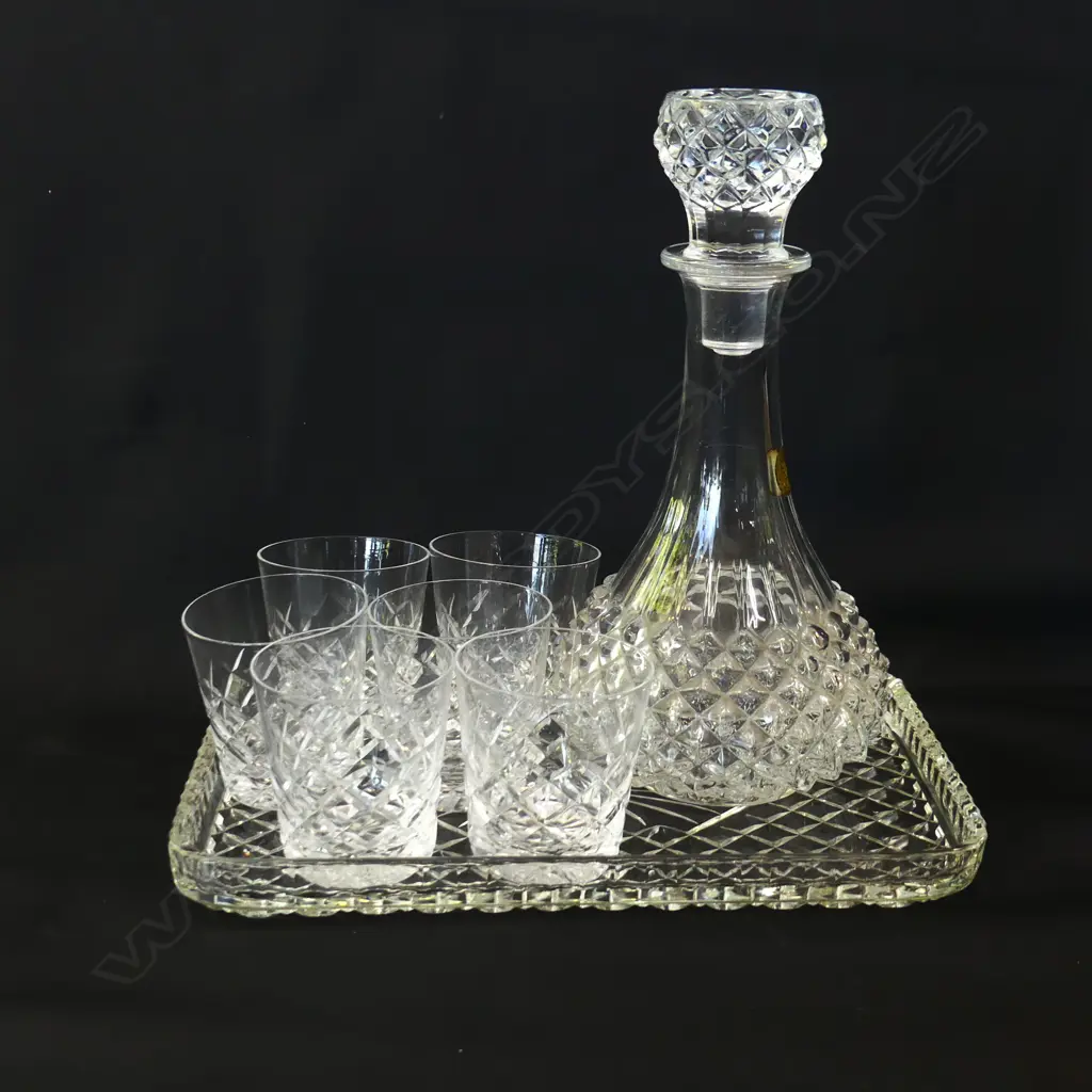 6 SM CUT CRYSTAL WHISKY TUMBLERS WITH TRAY + DECANTER Image 1++