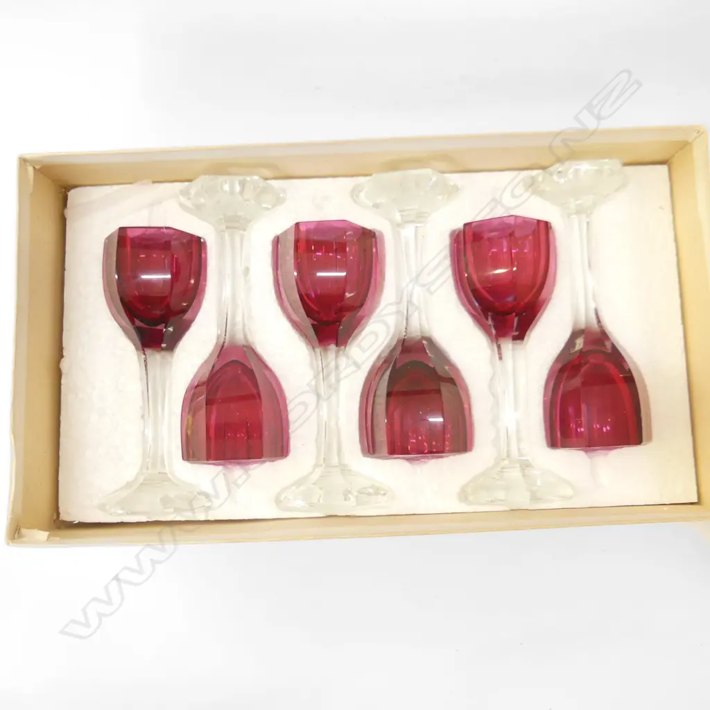 SET 6 CZECH CHAMPAGNE GLASSES, CRANBERRY WITH CLEAR GLASS STEMS - IN ORIGINAL BOX Image 1++
