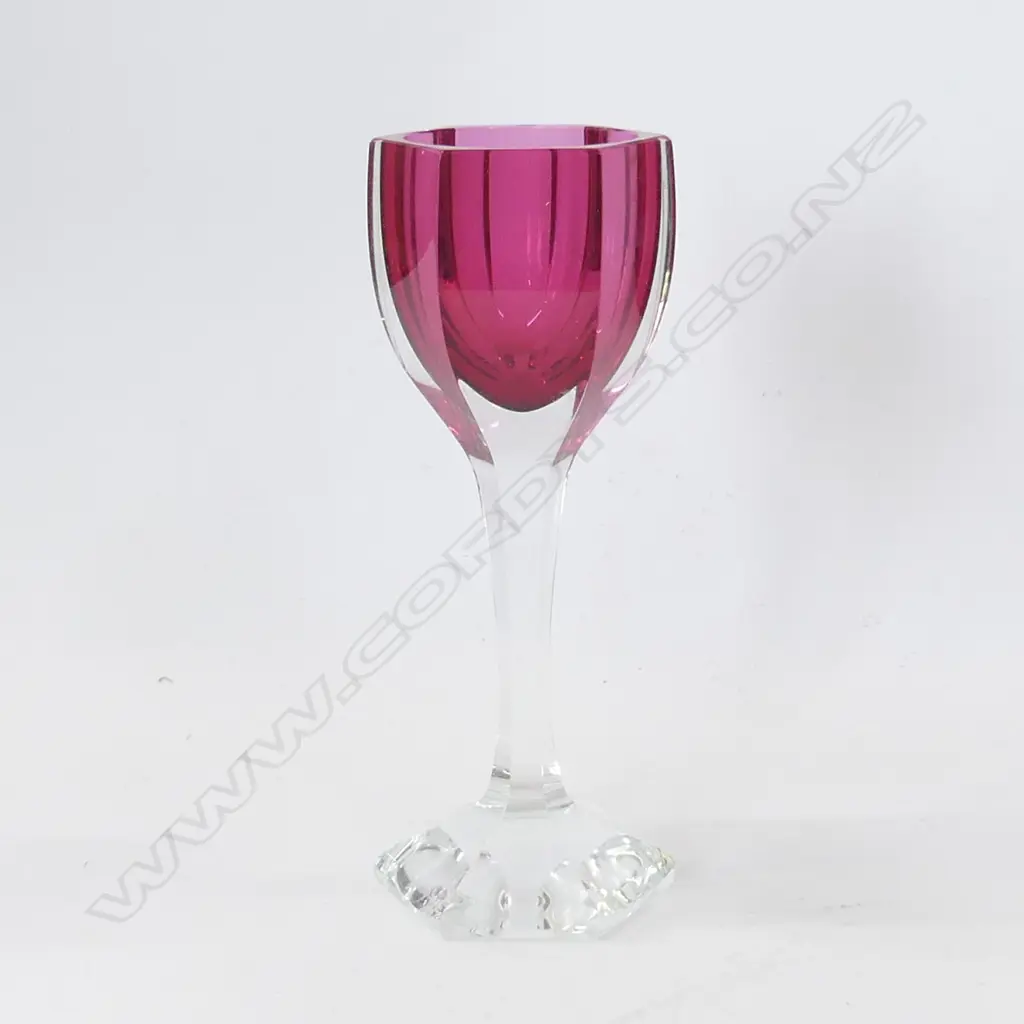 SET 6 CZECH CHAMPAGNE GLASSES, CRANBERRY WITH CLEAR GLASS STEMS - IN ORIGINAL BOX Image 1++