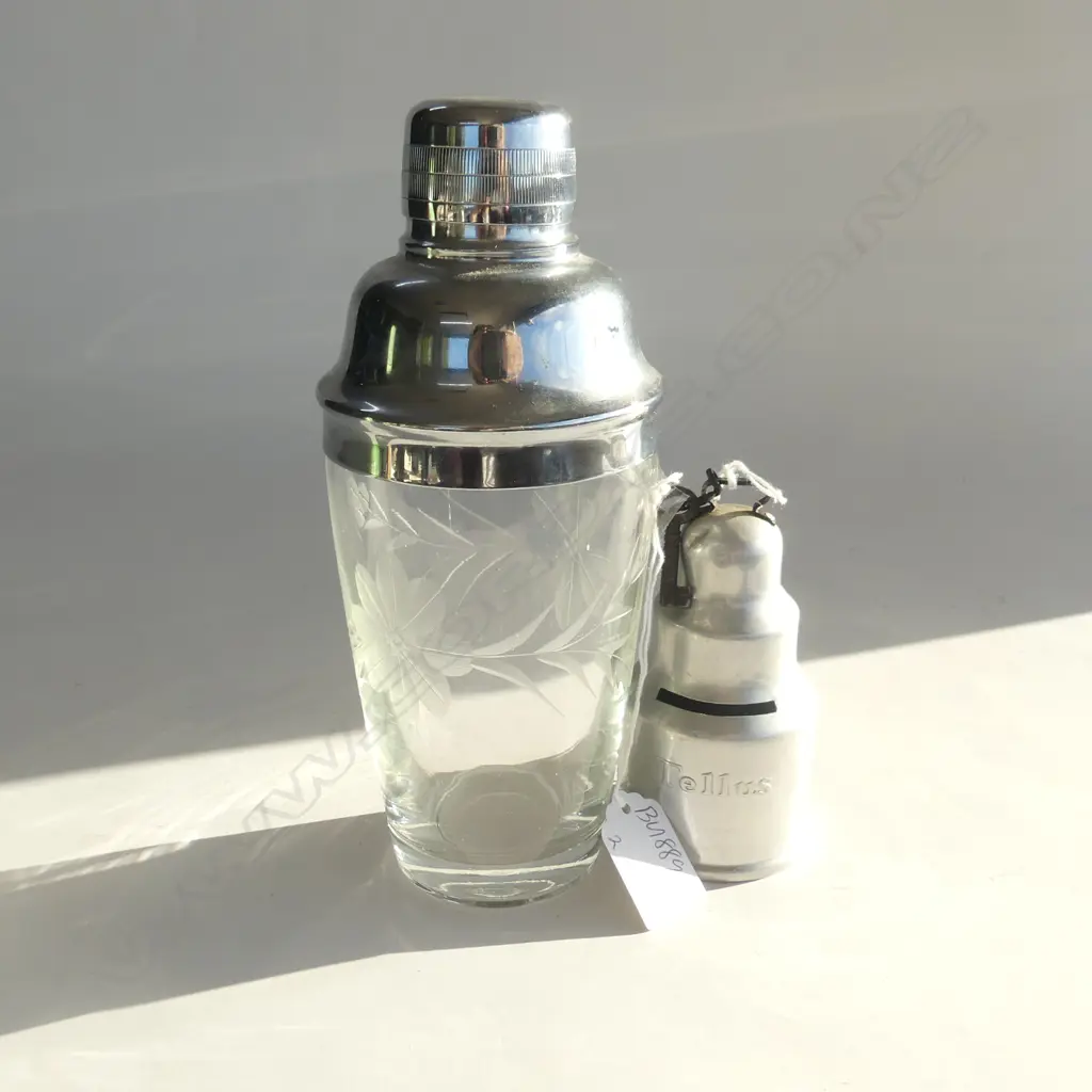 2 ITEMS. CHROME TOPPED GLASS COCKTAIL SHAKER H210mm & TELLUS VACUUM CLEANER PROMOTIONAL MONEY BOX  H.110MM  Image 1++
