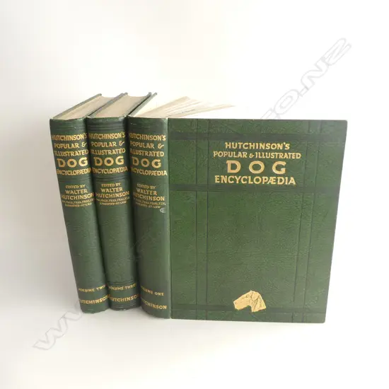 ‘HUTCHINSON'S POPULAR & ILLUSTRATED DOG ENCYCLOPAEDIA’, 3 VOL SET, GILT TOOLED GREEN CLOTH. 1935