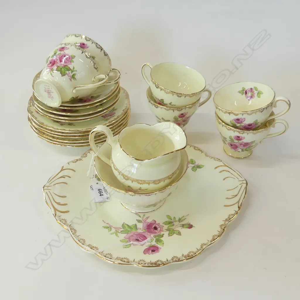 SALISBURY CHINA 'DIJON' TEA SET; 6 TRIOS (MINUS 1 SAUCER) PLATE, JUG & BOWL Image 1++