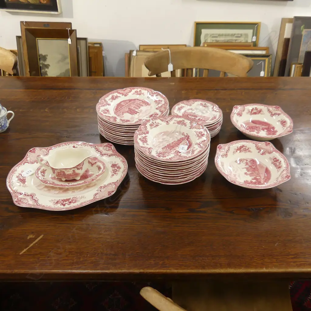 JOHNSON BROS  PINK 'OLD BRITAIN CASTLES' IRONSTONE PART DINNER SERVICE, 12 PLACE SETTING & SERVING DISHES Image 1++