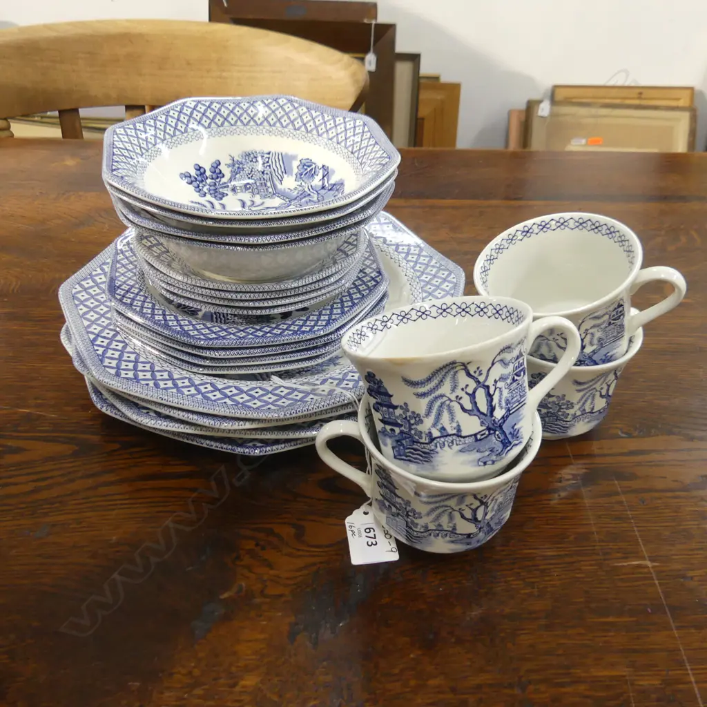 J R MEAKIN ROYAL STAFFORDSHIRE16 PC 4 PLACE DINNER SET; IRONSTONE WILLOW, SOME HAS CRAZING  Image 1++