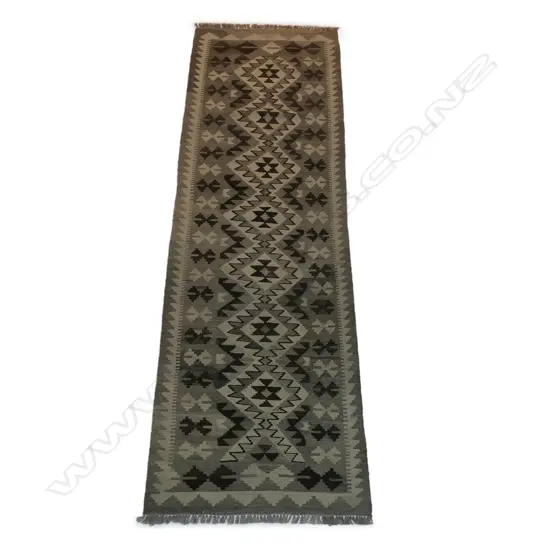 HAND WOVEN KELIM , GREY & BLACK TONES, 250 X 77CM