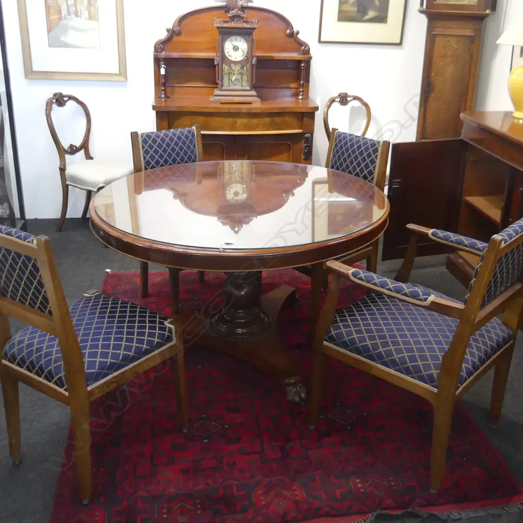 19THC ROUND MAHOGANY, GLASS TOP PEDESTAL BASE DINING TABLE. DIA 1240MM Image 1++