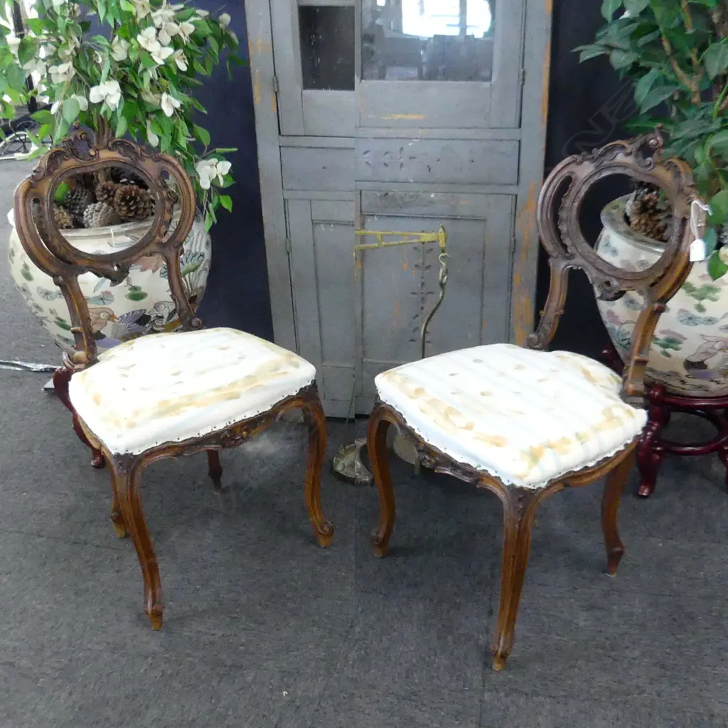 PR  FRENCH CARVED WOODEN BALLOON BACK CHAIRS - BOTH NEED CHAIR PADS REUPHOLSTERING Image 1++