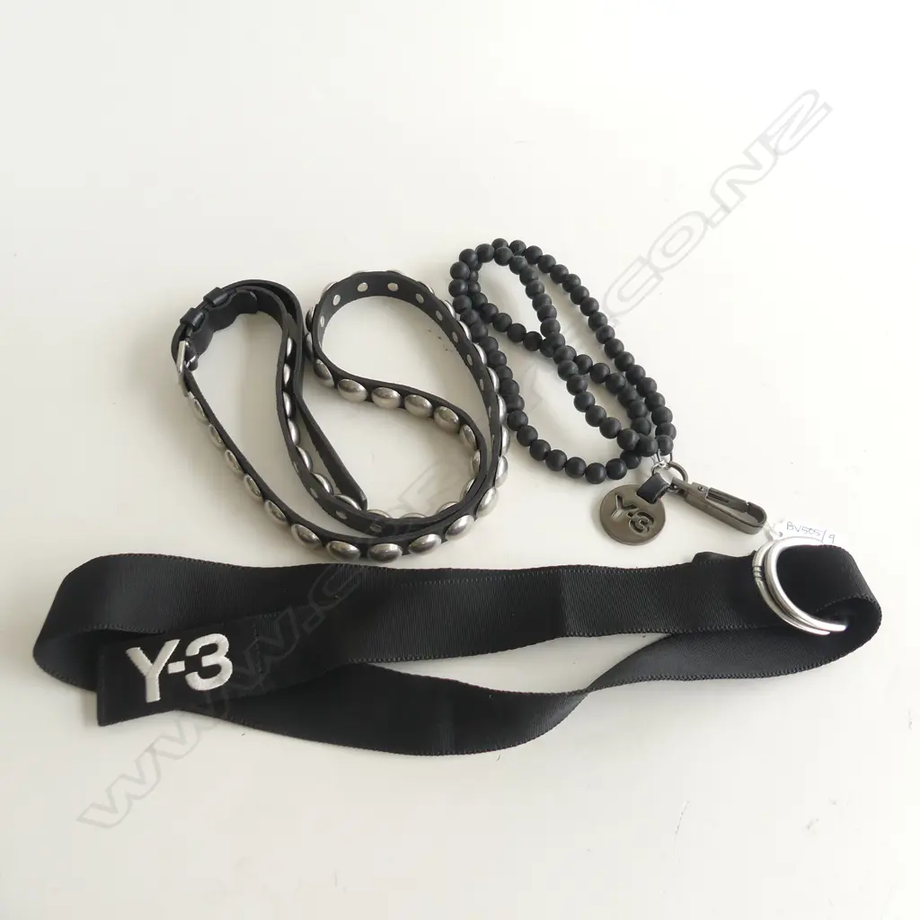 3 FASHION PCES; Y-3 YOHJI YAMAMOTO ADIDAS BELT, RUBBER BEAD NECKLACE & DESIGNER STUDDED BELT Image 1++