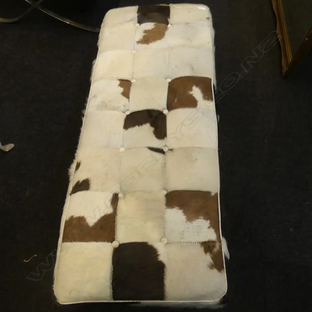 BARCELONA LONG STOOL PATCHWORK COW HIDE COVERED chrome X frame some rust to frame Image 1++