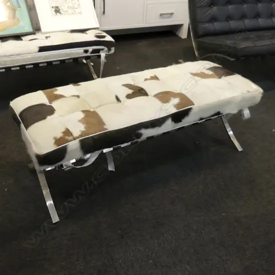 BARCELONA LONG STOOL PATCHWORK COW HIDE COVERED chrome X frame some rust to frame