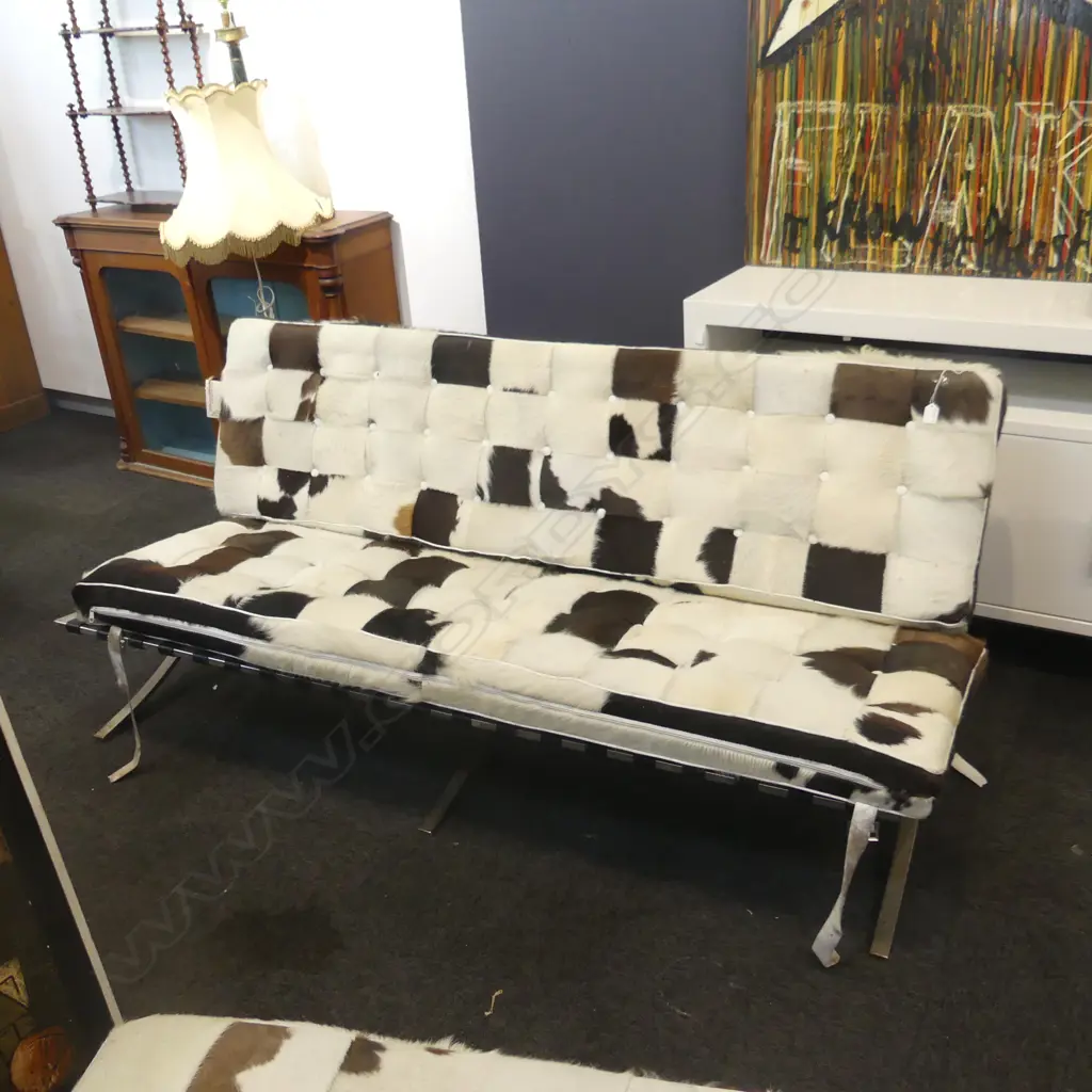 BARCELONA 3 SEATER SETTEE PATCHWORK COW HIDE COVERED chrome X frame some rust to frame Image 1++