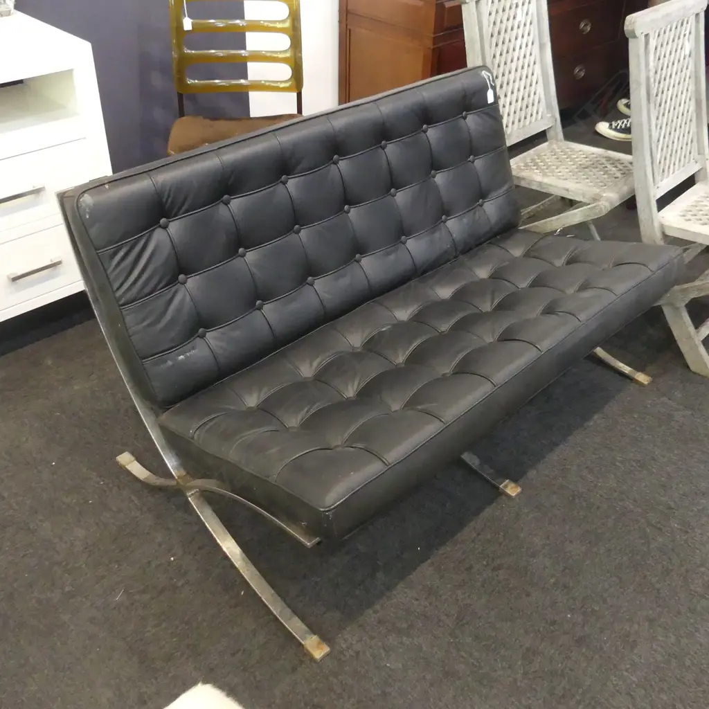 BARCELONA 2 SEATER SETTEE BLACK COVERED chrome X frame some rust to frame Image 1++