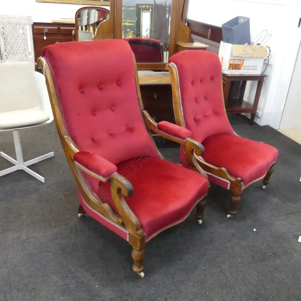 PAIR VICTORIAN MAHOGANY GRANDFATHER AND GRANDMOTHER CHAIRS Image 1++
