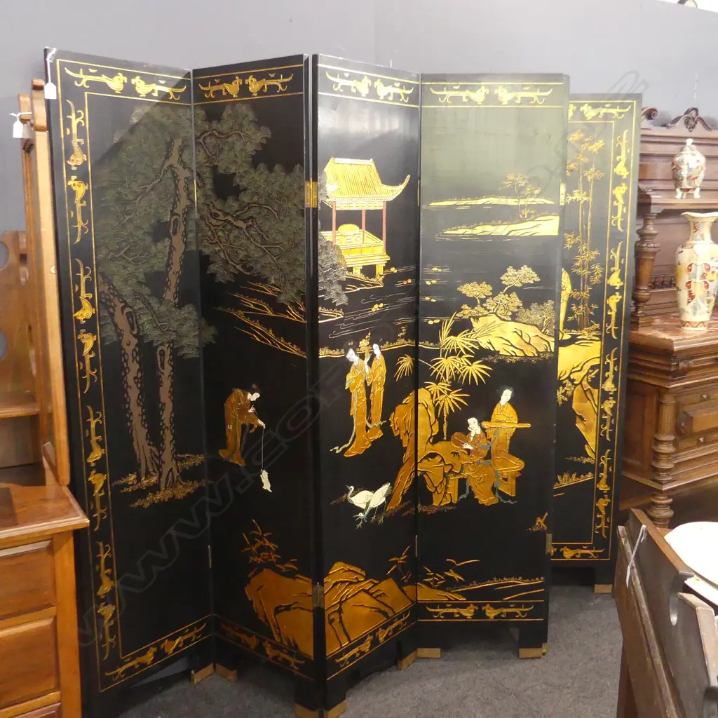 LARGE 6 FOLD LACQUER JAPANESE DECORATED SCREEN H. 1830MM Image 1++