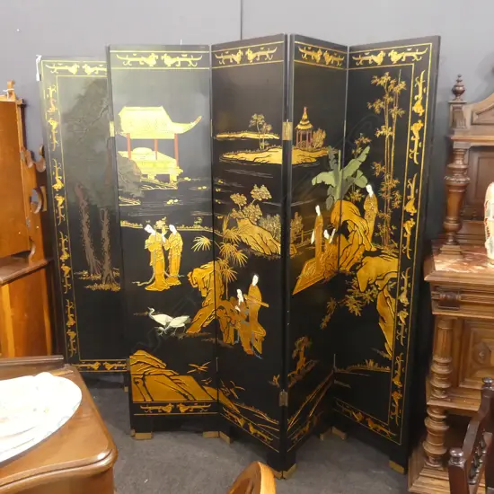 LARGE 6 FOLD LACQUER JAPANESE DECORATED SCREEN H. 1830MM
