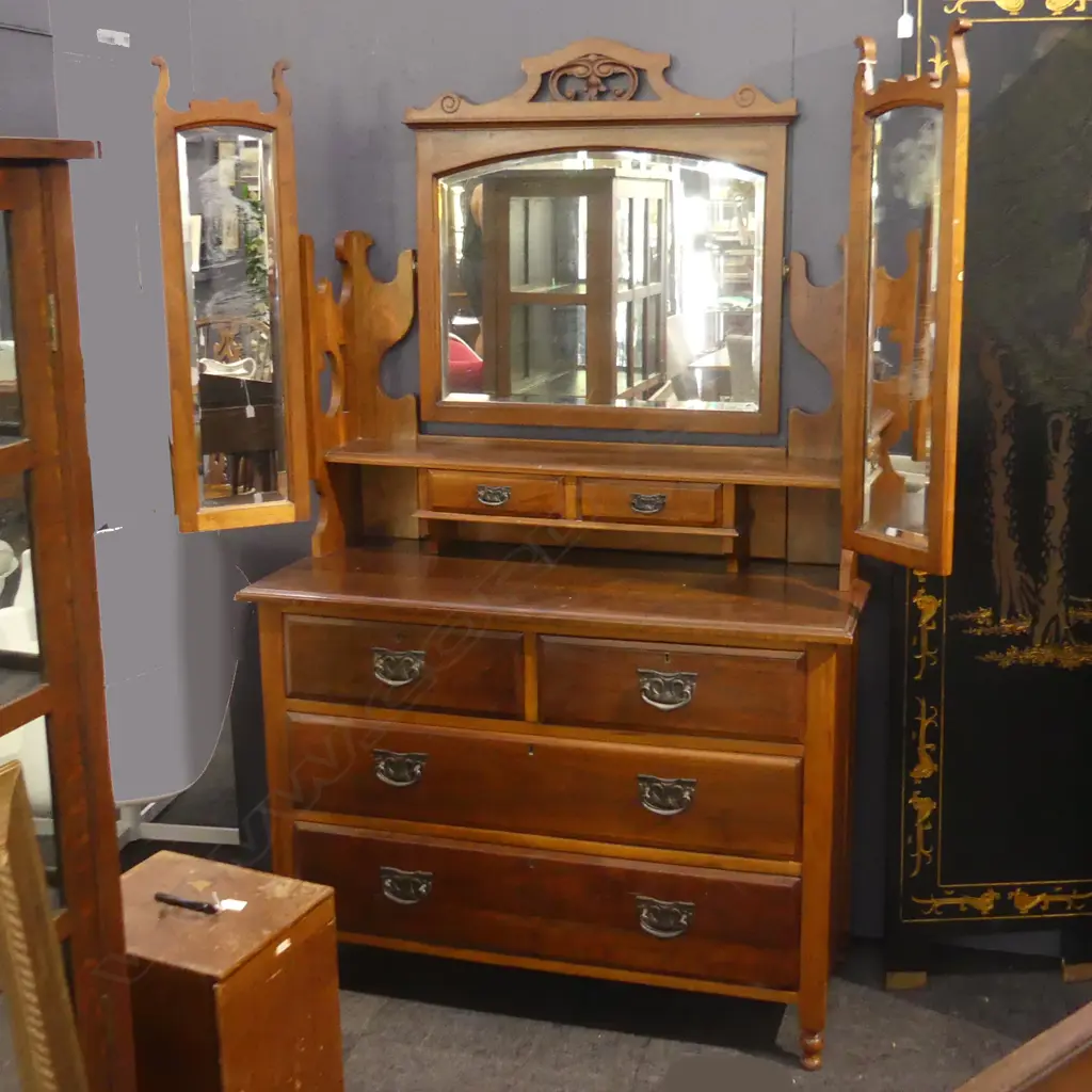EDWARDIAN WOODEN MIRRORED DRESSING TABLE H. 1710MM L. 1070MM Image 1++