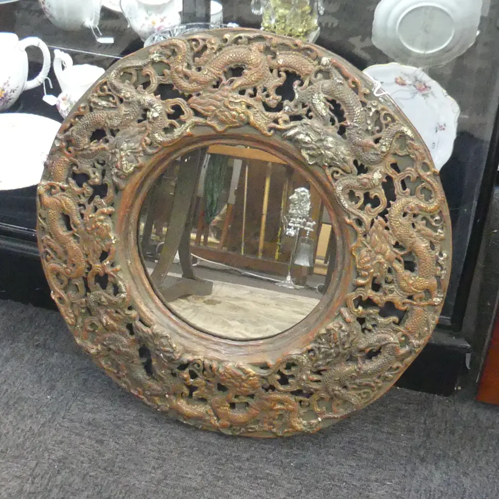ORIENTAL BRASS DRAGON FRAMED ROUND WALL MIRROR, DIA. 590MM Image 1++