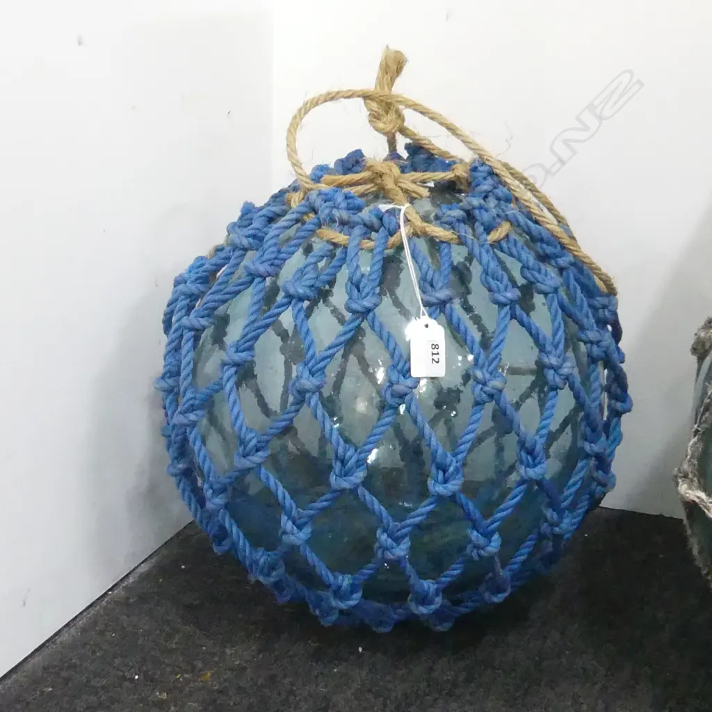 OLD GLASS LARGE FISHING FLOAT WITH BLUE NETTING Dia.340mm hand blown Image 1++
